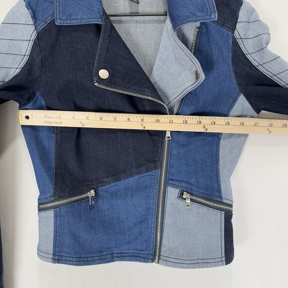 Denim Patchwork Moto Jacket Womens XS Blue Moto Festival‎ Y2K Western Cowgirl - Picture 11 of 16